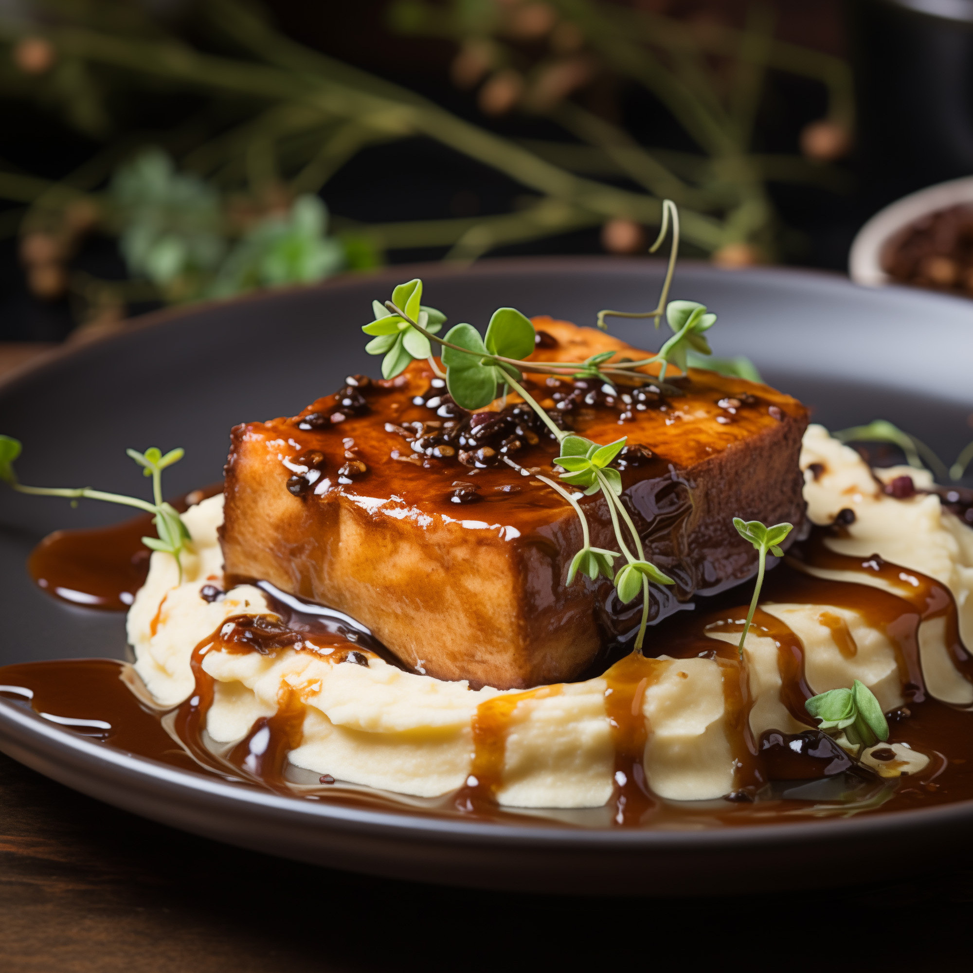 Tofu laqué au café et purée de céleri rave