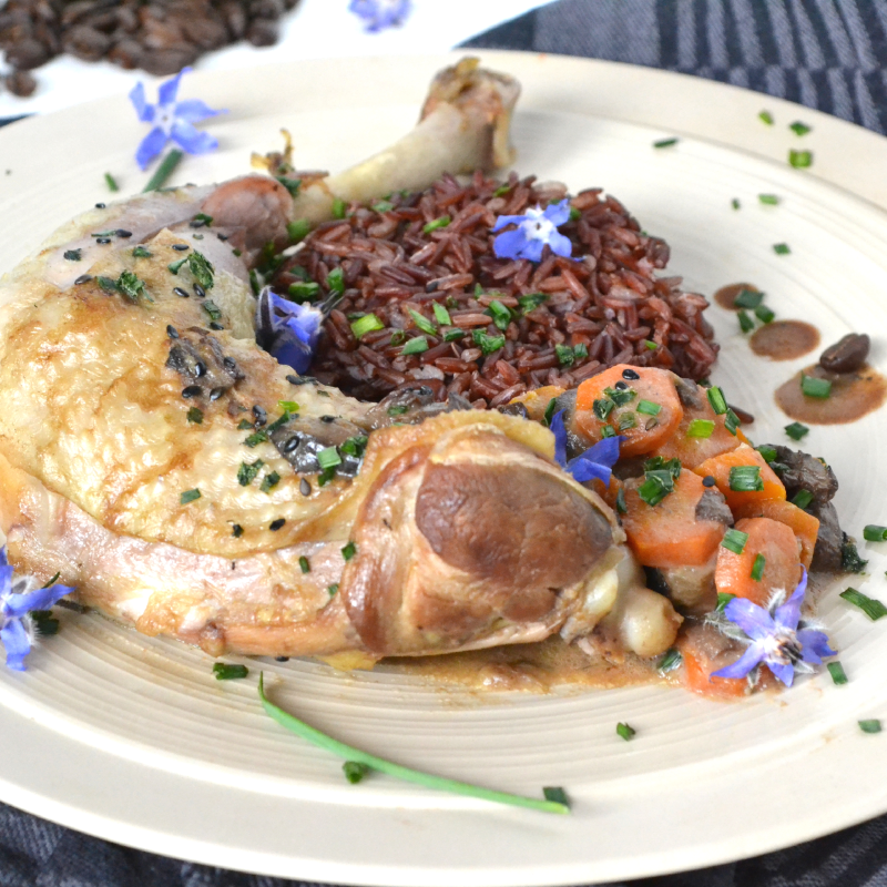 Cuisses de poulet, sauce miel-café